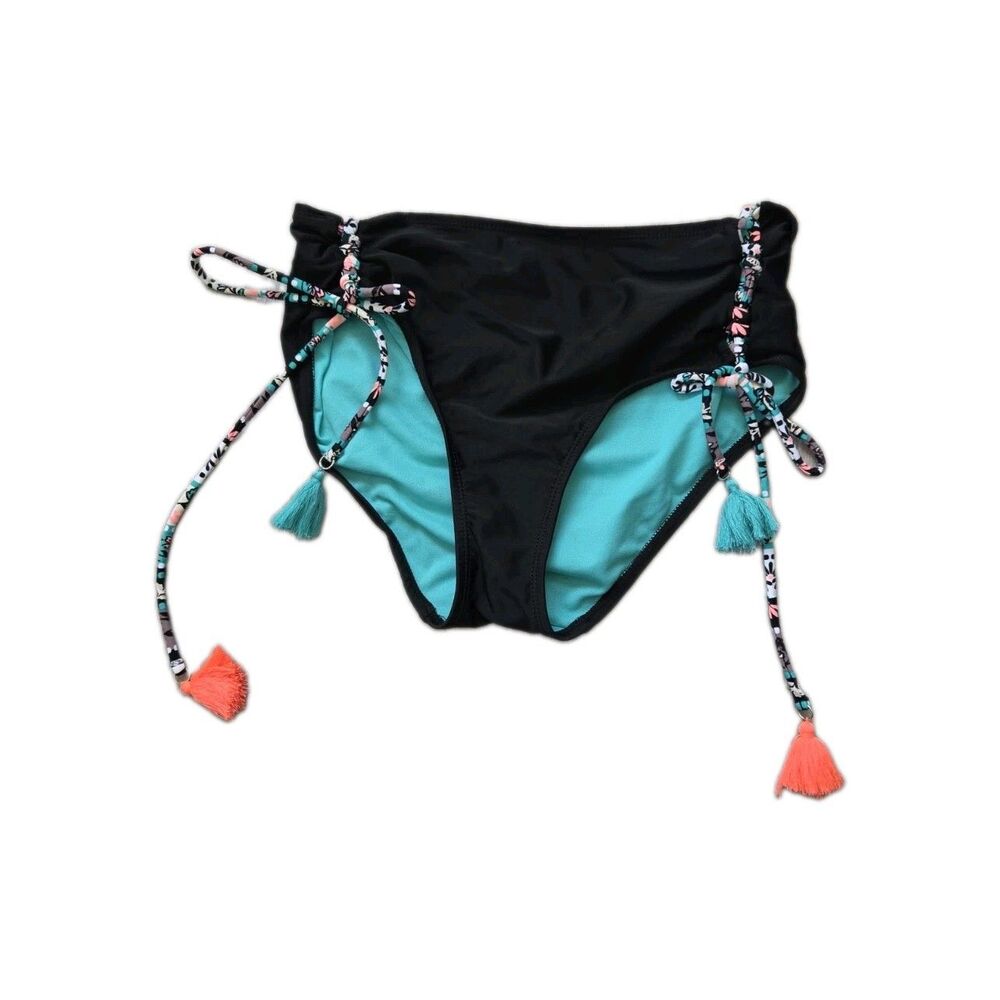 Catalina Black Teal Side Tie Bikini Bottom Floral Tassels Women’s Jrs M 7-9 EUC